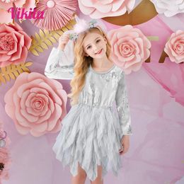 Meisjesjurken VIKITA meisjes lange mouw grijze jurk tule prinses verjaardagsfeestje kostuums 3 tot 8 jaar casual vestidos
