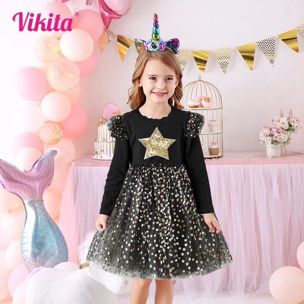 Vestidos de niña VIKITA niñas estrella lentejuelas vestido con apliques fiesta de cumpleaños manga larga niños negro elegante princesa ropa para niños