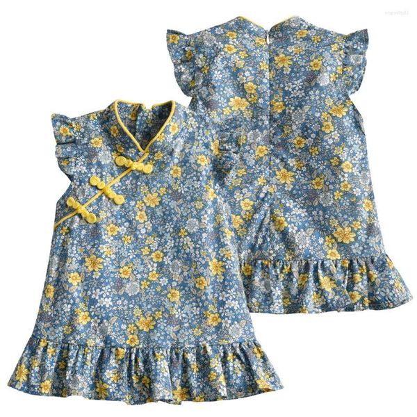 Vestidos de niña Vintage azul estampado Floral bebé niñas vestido verano manga corta chino Cheongsam algodón transpirable ropa para niños pequeños