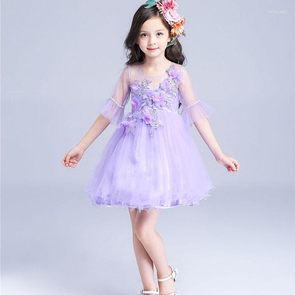 Fille robes Vintage dentelle fleur filles robe de mariée violet pétale attacher Voile enfants pour la fête danse Vetement Fille 2-9T