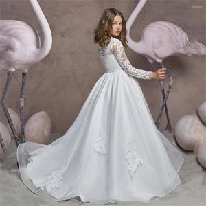 Robes de fille en Tulle blanc avec des Appliques de fleurs, ligne A, ceinture de perles, manches longues, pour mariage, fête d'anniversaire, robe de première Communion