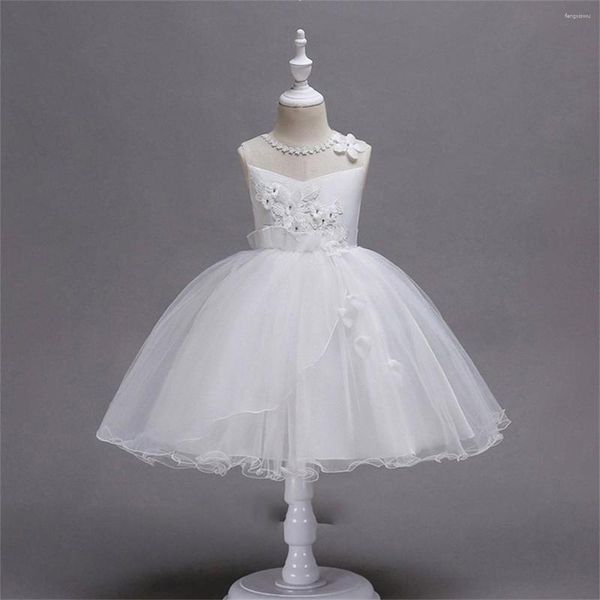 Robes de fille blanc Applique fleur robe plage a-ligne enfants princesse sans manches robe de bal thé longueur mariage danse Tulle bal