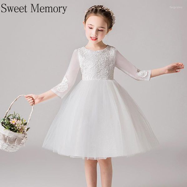 Robes pour filles, blanc, bleu, fleur, Robe d'invité de mariage, courte en dentelle, en Tulle, Robe de bal, Robe de fête de Communion pour enfants, doux souvenir, 2023