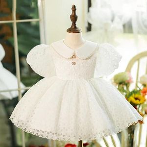 Robes de fille blanc élégant manches bouffantes mince anniversaire poupée col doux dentelle à plusieurs niveaux princesse robes simple solide fleur filles robe