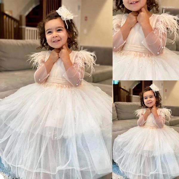 Vestidos de niña Flor de plumas blancas Niñas para la boda Perlas Vestido de fiesta con cuentas O Cuello Niño Desfile Tul Niños Prom Wears