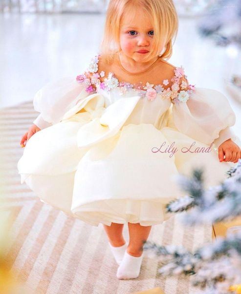 Robes de fille fleur blanche gros nœud Organza à manches longues petite robe de mariée Communion Pageant robes d'anniversaire