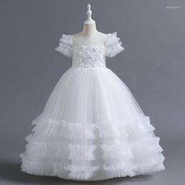 Robes De Fille Robe De Fleur Blanche Manches Courtes Paillettes Top Ballgown Tulle Tutu Jupe Filles Anniversaire Fête De Mariage Première Communion Robes