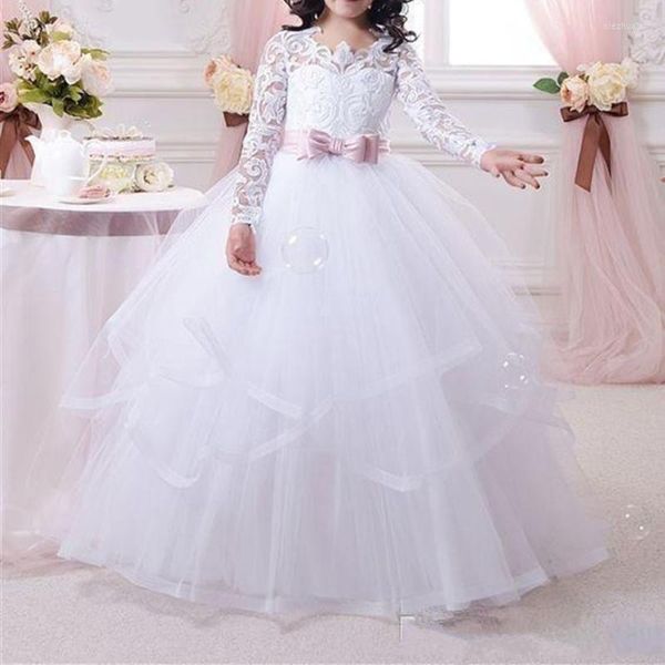 Robes de fille fleur blanche pour les mariages dentelle à manches longues robe de bal filles Pageant première robe de Communion petit Gi