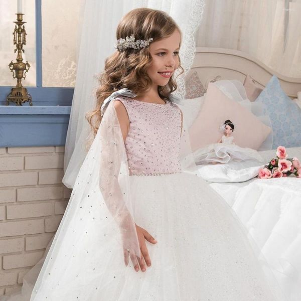 Robes de fille fleur blanche pour les mariages Tulle perle dentelle Appliques princesse enfants élégant soirée fête première Communion robe de bal