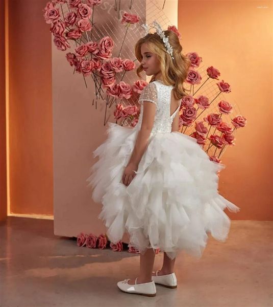 Vestidos de niña Vestido de flores con brillo blanco Apliques de lentejuelas de tul en capas Manga corta para boda Fiesta de cumpleaños Vestido de primera comunión