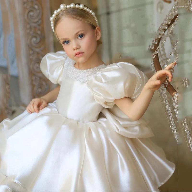 Meisjesjurken Wit hard satijnen bloem O-hals Prinses Eerste communie Baljurk Babyfeestje
