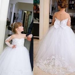 Meisje jurken witte ivoren bloem gilr jurk voor bruiloft gelegenheid lange mouwen kanten kralen mooie kind optocht jurken kinderkleding kinderkleding