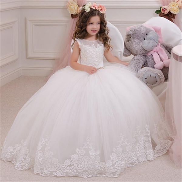 Robes de fille blanc enfants robe de demoiselle d'honneur pour les filles fleur à manches longues dentelle florale Tulle une robe de ligne Appqulies mariage