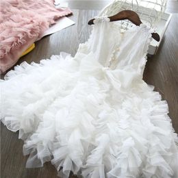 Robes de fille en dentelle blanche, jolie robe de princesse, gâteau moelleux, pour enfants, fête de mariage, anniversaire, Tutu, été, sans manches