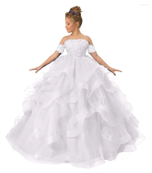 Vestidos de niña Flor de encaje blanco para boda Cuello joya Apliques florales en 3D Vestidos de desfile para niños pequeños Vestido de primera comunión de tul