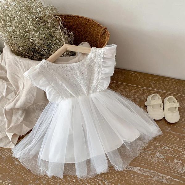 Vestidos de niña de encaje blanco, Vestido de verano para niñas, manga de tul, ropa informal para bebés, Vestido de princesa para fiesta y boda