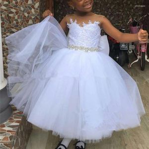 Fille Robes Blanc Dentelle Sheer Cou Fleur Avec Cristal Sash Enfants Robes De Soirée Grand Arc Pageant Enfants De Mariage Porter