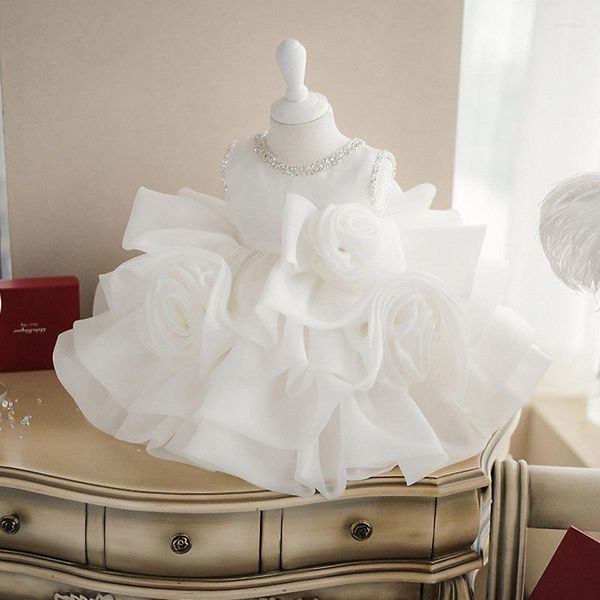 Robes de fille en dentelle blanche, robe de baptême en Tulle, sans manches, robe de bal de baptême, d'anniversaire et de mariage pour bébé enfant