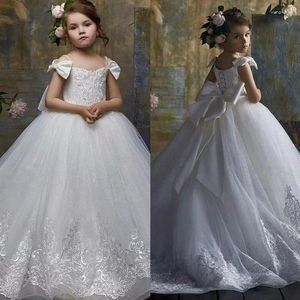 Robes de fille en dentelle blanche et Tulle, fleur pour mariage, longueur au sol, bouffante avec nœud, robe de princesse de première Communion, fête d'anniversaire