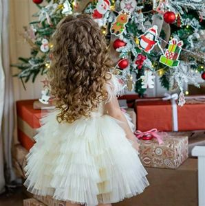 Robes de fille blanche en couches, robe à fleurs en Tulle à paillettes dorées, cadeau mignon de mariage, première Communion pour enfant, fête d'anniversaire