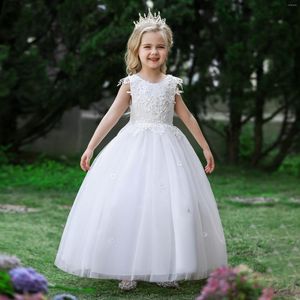 Vestidos de niña largos blancos para dama de honor, ropa para niños, vestido con apliques con perlas, ropa de fiesta de boda, Vestidos de princesa de 4 a 14 años