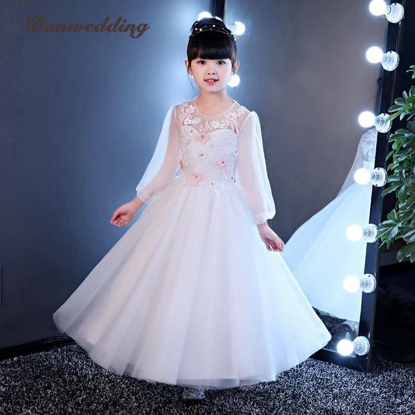 Fille Robes Blanc Princesse À Manches Longues Fleurs Robe Enfants Pageant Robes De Soirée Première Communion Pour Les Filles De Bal