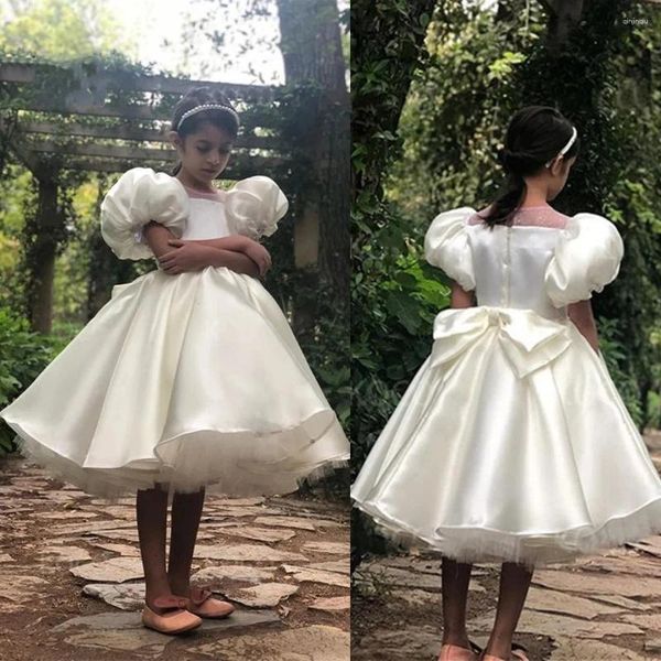 Vestidos de niña, vestido de princesa con manga de globo hinchado blanco, vestidos de primera comunión de satén para niños, vestidos de cumpleaños con lazo grande, boda con flores para adolescentes