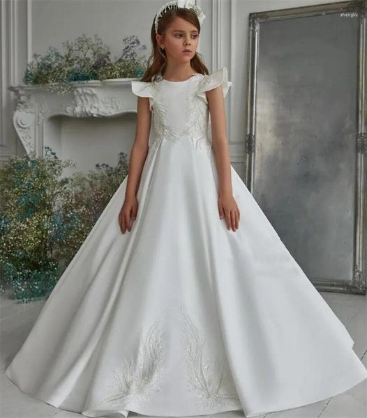 Robes de fille en Satin blanc, robe de première Communion pour filles, manches cape, perles en dentelle, robes de fête de mariage à fleurs