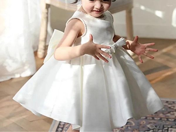 Vestidos de niña Vestido de flores de satén blanco para boda Marfil Puffy O-cuello con lazo Niños Cumpleaños Princesa Vestidos de fiesta de primera comunión