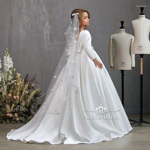 Vestidos de niña, vestido blanco de satén con flores para niñas, para boda, lazo en la espalda, fiesta de princesa, vestidos de desfile, cumpleaños, dama de honor