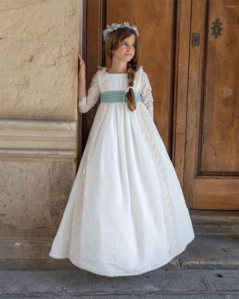 Vestidos de niña de encaje de satén blanco, manga 3/4, cinturón con lazo bordado, vestido de flores, boda, comunión, cumpleaños