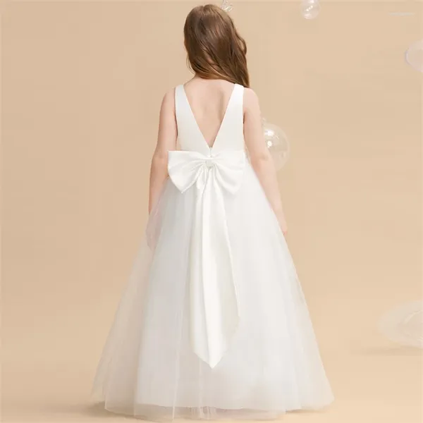 Vestidos de niña blancos sin mangas con cuello en V Línea A lazo de tul flor para boda 2023 vestidos de primera comunión para desfile de princesa para niños