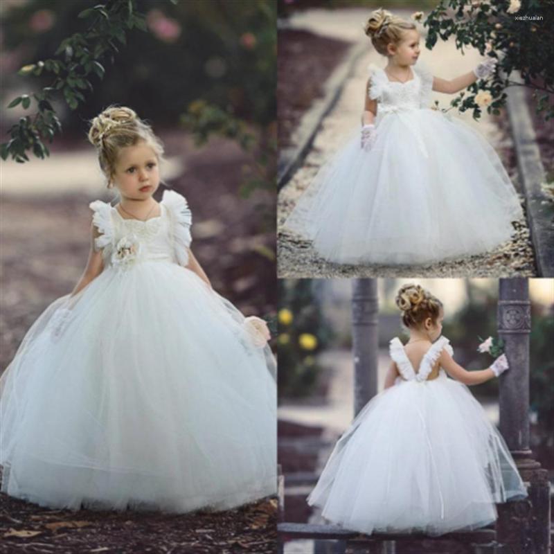 Kız Elbise Beyaz Tül Birinci Cemaat Silah Dantel Prenses Çiçek Elbise Düğün Doğum Günü Güzellik Pageant Balo Balo