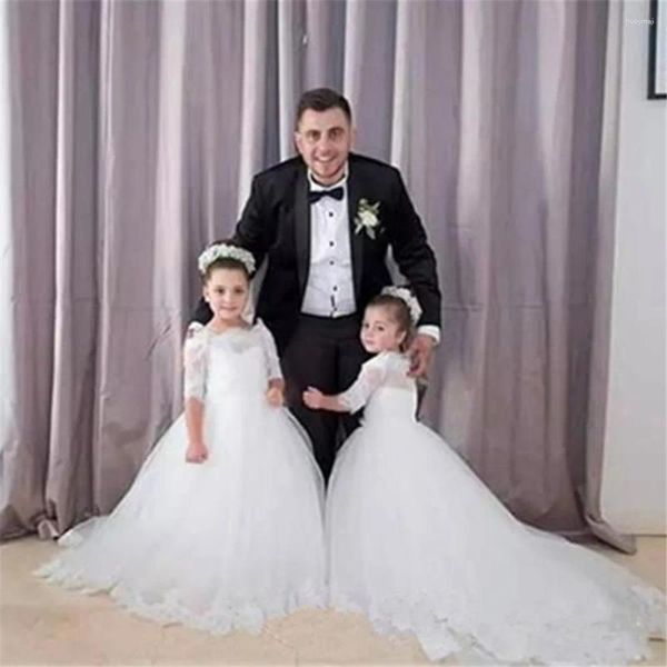 Robes de fille blanc mariage fleur Tulle perles appliquées pour première Communion enfants bal avec Train fête d'anniversaire