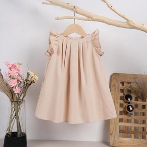 Vestidos de niña, venta al por mayor, vestido con ojo de cerradura para niñas, ribete con volantes, plisado, informal, Color sólido, ropa de verano para niños, gota