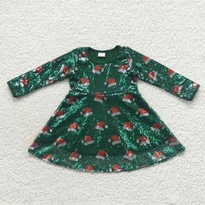 Vestidos de niña, venta al por mayor, gorros de Navidad de manga larga para niños pequeños, vestido de lentejuelas, ropa verde de una pieza para niños y bebés