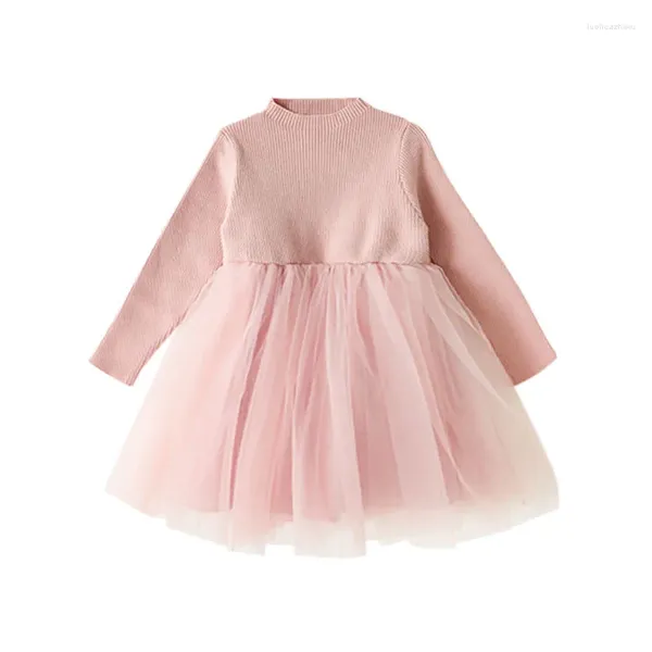 Vestidos de niña, vestido de punto de invierno y otoño, ropa informal de tul para niños, ropa de manga larga para niñas pequeñas, vestido de fiesta de punto empalmado de malla