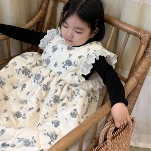 Robes de fille hiver bébé filles dentelle robe sans manches enfants épaissir chaud imprimé floral une pièce enfants mignon princesse vêtements rembourrés