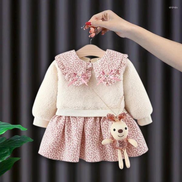 Vestidos de niña, ropa de invierno para bebé, vestido para 1er cumpleaños, lana de cordero, terciopelo, ropa floral gruesa y cálida para niña