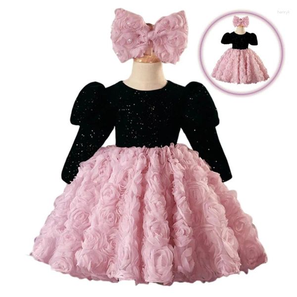 Robes de fille d'hiver rose noir dentelle florale robe de soirée au genou pour les cérémonies d'anniversaire robe de bal de princesse de mariage taille 1-14