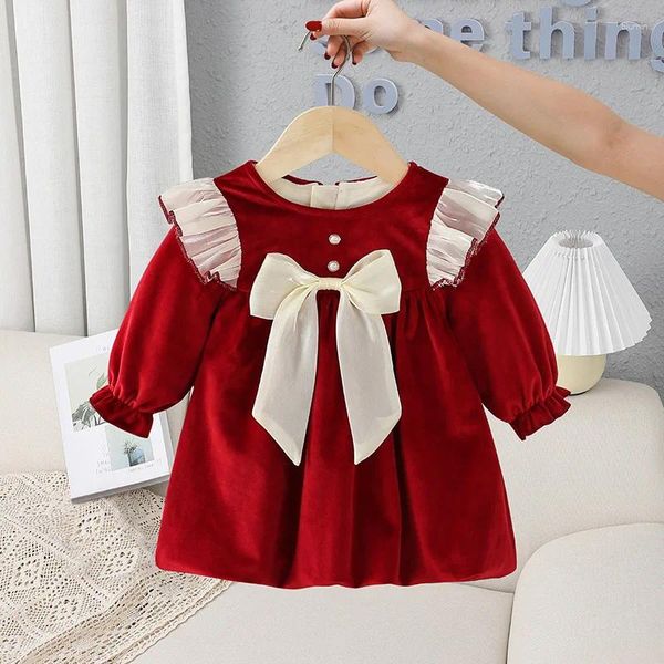 Robe fille Hiver Girl's Sweet Bow Robe Enfants Enfants bébé bébé Velvet Long Manche en peluche