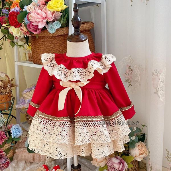 Robes d'hiver pour filles, robe douce originale espagnole, épaisse, classique, rouge, noël, pour enfants, à fleurs
