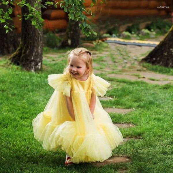 Vestidos de niña de flores de Color amarillo para fiesta de boda, manga casquillo, falda de tul hinchada, vestidos de desfile para niñas, bautizo de cumpleaños para niños