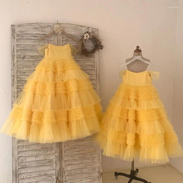 Robes de fille jaune élégante fleur pour mariage sans manches bretelles bouffantes Tulle couches princesse première Communion robes de bal