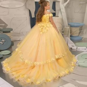 Fille Robes Jaune Fleur Dentelle Tulle Perles Appliqued Pageant Pour Les Filles Première Communion Enfants De Bal