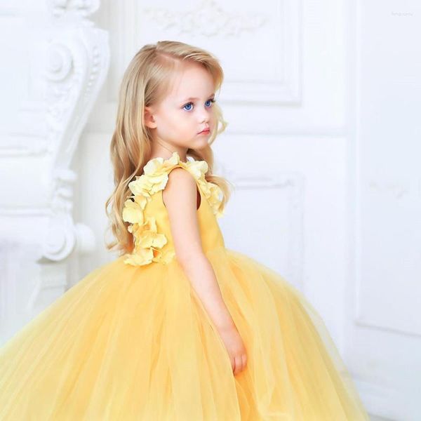 Robes de fille jaune moelleux Tulle longue décalcomanie robe à fleurs mariage brillant petit anniversaire de bal d'anniversaire sacrement