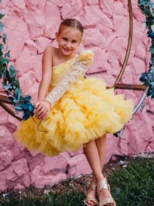 Vestidos de niña vestido de flores hecho a mano amarillo tul con lentejuelas tutú primera comunión niños cumpleaños vestido de niño con lazo