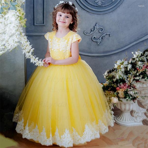 Vestidos de niña amarillo flor larga tul blanco apliques manga casquillo boda fiesta de cumpleaños arco bebé niños vestido de fiesta de primera comunión