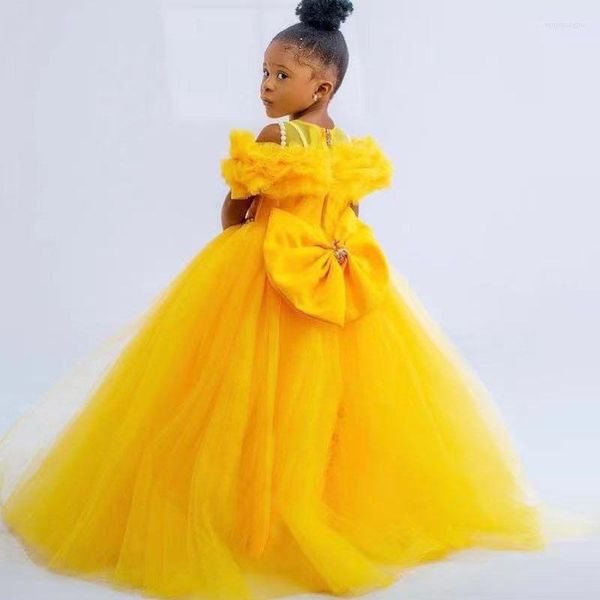 Robes de fille jaune gonflées maman et fille robes de fête d'anniversaire bijou cou volants petite princesse fleur filles photographie