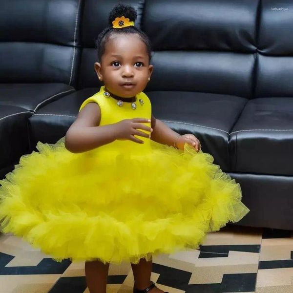 Vestidos de niña con volantes amarillos para niñas de flores para bodas Vestido hasta la rodilla de cristal Vestido pequeño de primera comunión